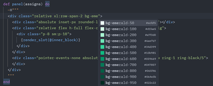 tailwind auto completion in a ~H Heex block for liveview using zed
